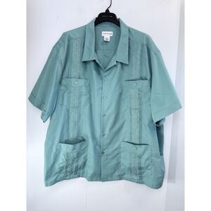 John Blair Men's 4XL Short Sleeve Guayabera Shirt Green Embroidered Vacation
